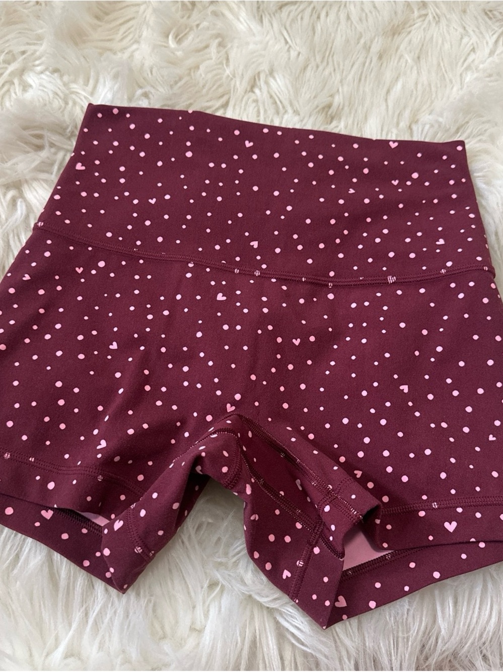 lululemon athletica Burgundy High-Waist Bike Shorts with Pink Heart-dot Print